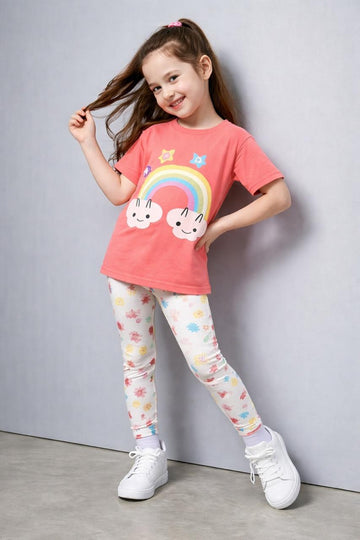 0000    Peach Rainbow Printed  Half Sleeves T-shirt with Multi Flower Printed Pajama Kids Suits