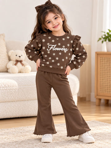 0000            Brown All Over Flower Printed Frill Style Sleeves Sweatshirt With Bell Bottom Trouser Tracksuit