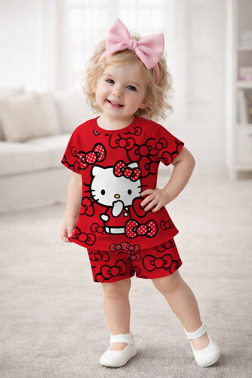 0000         Red White Kitty Printed  Half Sleeves T-shirt with Printed Shorts  Kids Suits