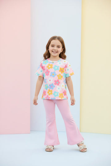 0000        Baby Pink Multi Flower Printed  Half Sleeves T-shirt with Baby Pink Plain Pajama Kids Suits