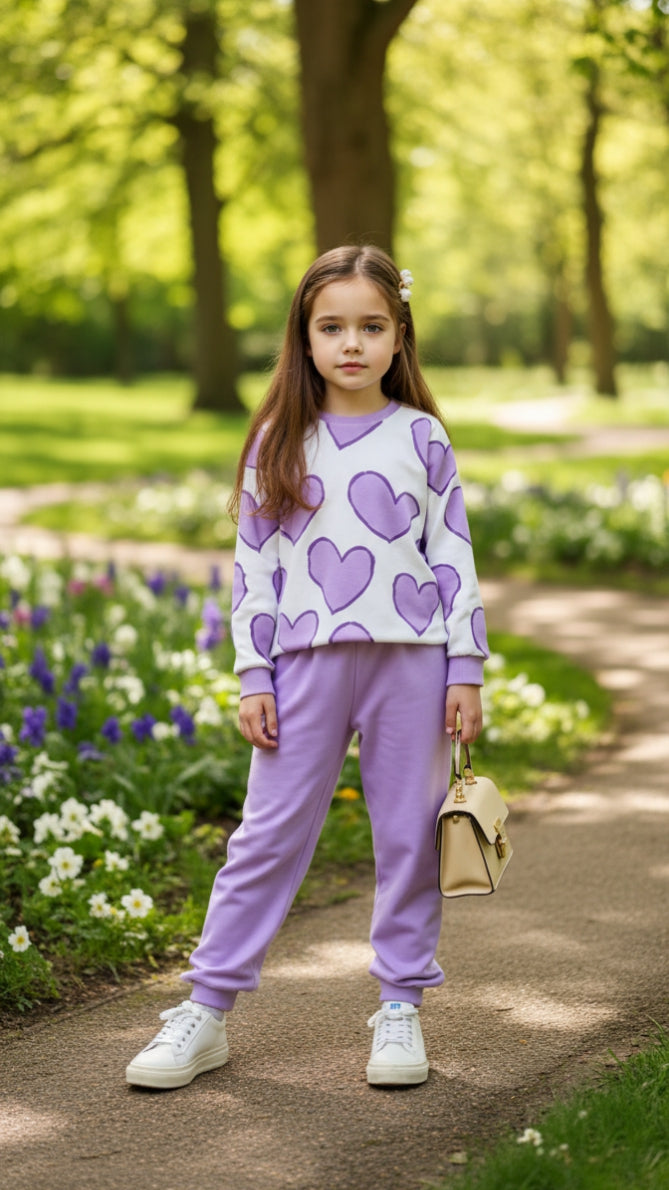 0000  Offwhite Lilac Heart Printed Sweatshirt With Lilac Fleece Trouser Tracksuit For Kids