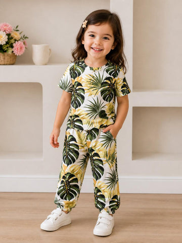 0000             Offwhite Leaf Printed Half Sleeves T-shirt with Leaf Printed  Pajama Kids Suits (Polyester)