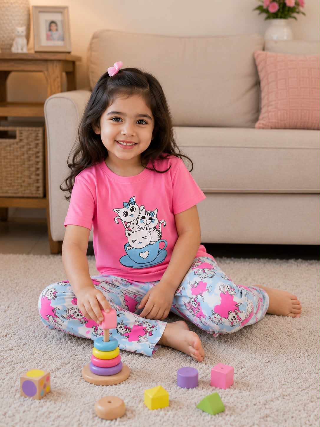 0000             Baby Pink Cats Printed Half Sleeves T-shirt with Cats Printed  Pajama Kids Suits