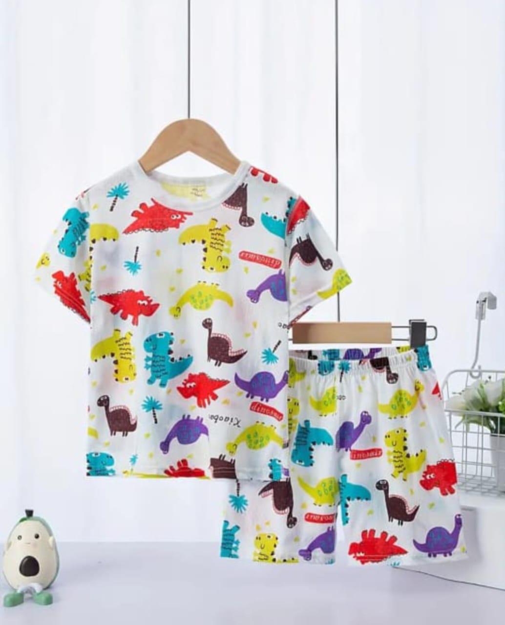 Baby or Baba White Multi Dino Printed T-shirt with Dino Printed Short for Kids Suits (1 Pcs)