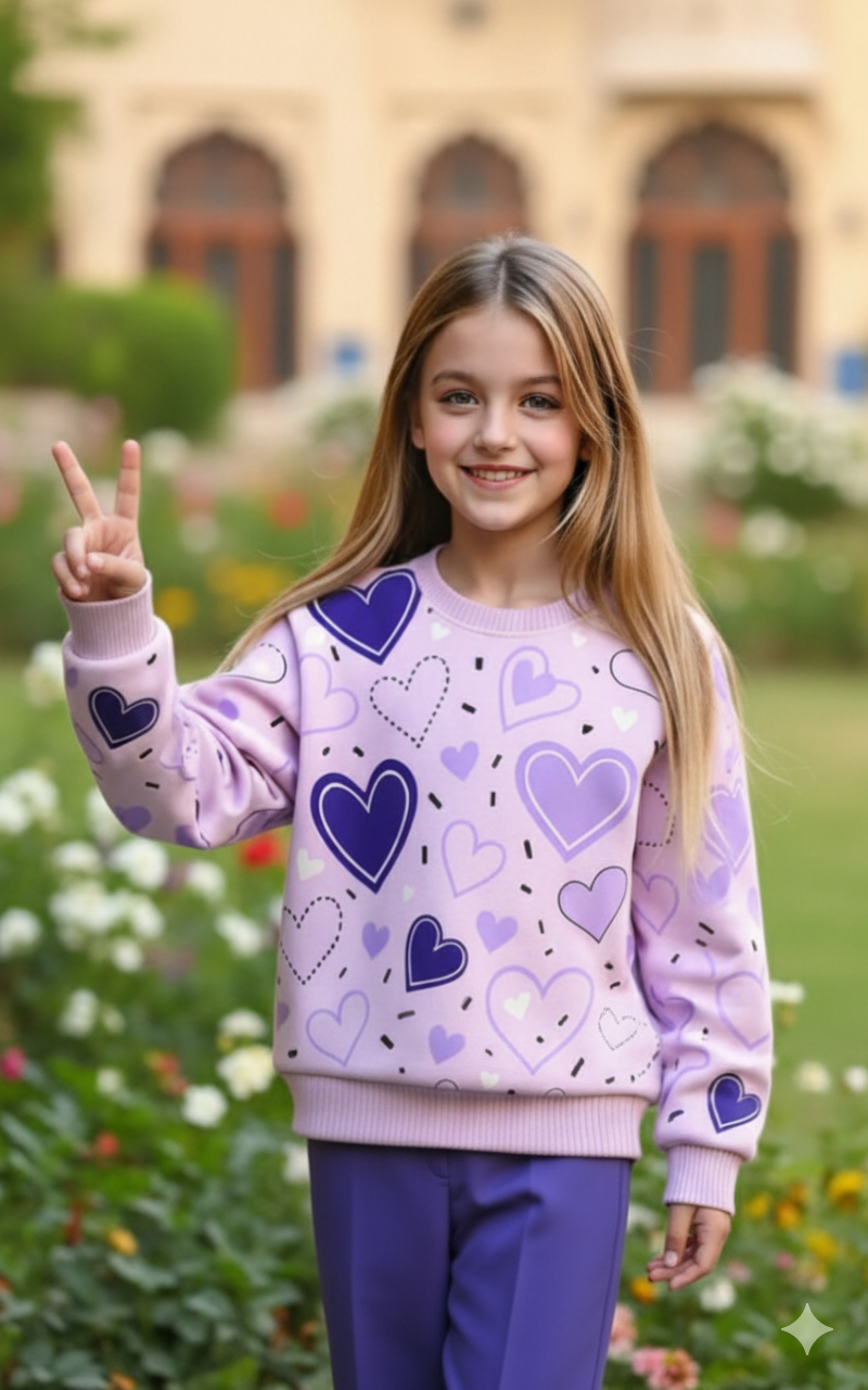 0000  Lilac All Over Heart Printed Sweatshirt With Lilac Fleece Trouser Tracksuit For Kids