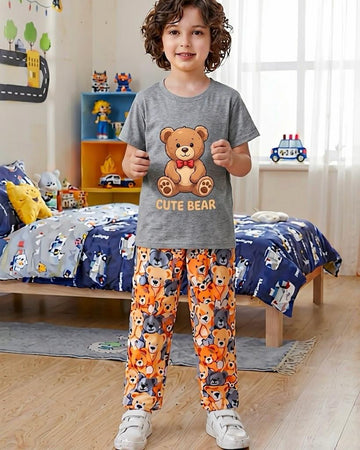 0000           Grey Cute Bear Printed Half Sleeves T-shirt with Bear Printed  Pajama Kids Suits