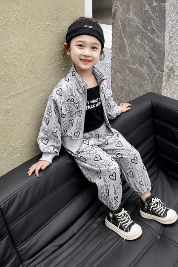 0000          Grey Teddy Bear Printed Zipper Kids Tracksuit