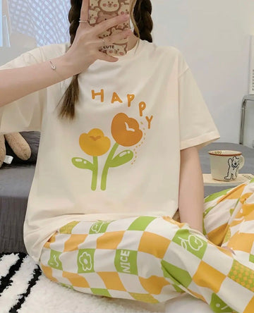 0000   Offwhite Flower Happy  Printed Half Sleeves T-shirt With  Printed Pajama Suit