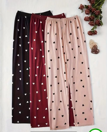0000    Pack Of 3 Heart Printed Plazzo Style Pajamas  For Ladies (Mehroon, Black,Baby pink)