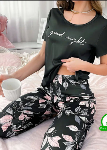 0000  Black Good Night Printed Half Sleeves T-shirt With Leaf Printed Pajama Suit