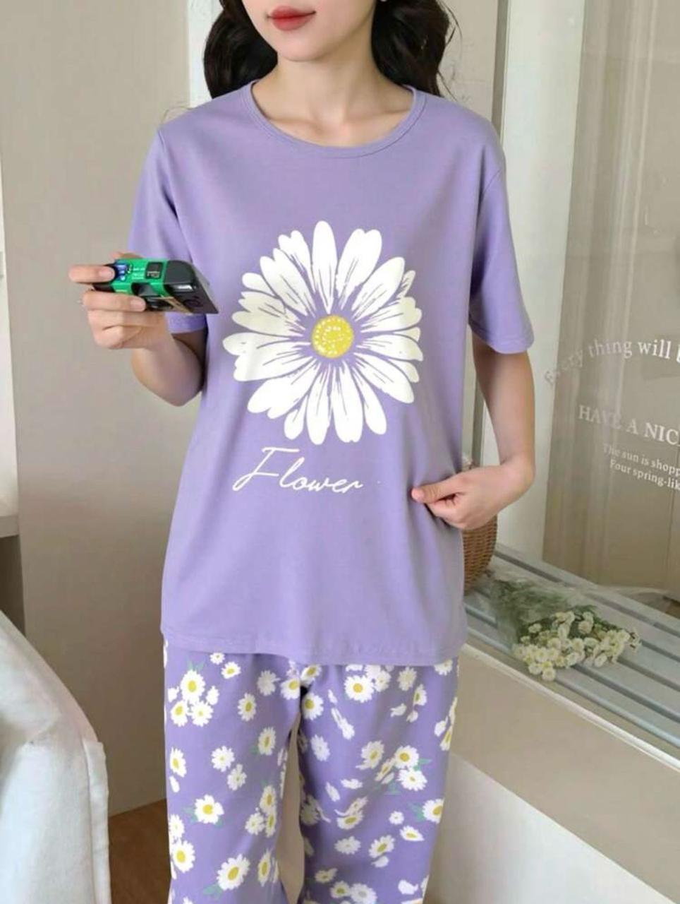 0000  Lilac Sunflower Printed Half Sleeves T-shirt With Sunflower Printed Pajama Suit