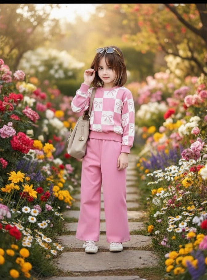 0000  Baby Pink Square Bow Printed Sweatshirt With Baby Pink Fleece Trouser Tracksuit For Kids