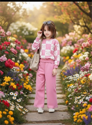 0000  Baby Pink Square Bow Printed Sweatshirt With Baby Pink Fleece Trouser Tracksuit For Kids