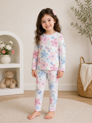 0000           Offwhite Big Flowers Printed Full Sleeves T-shirt with Flowers Pajama Kids Suits