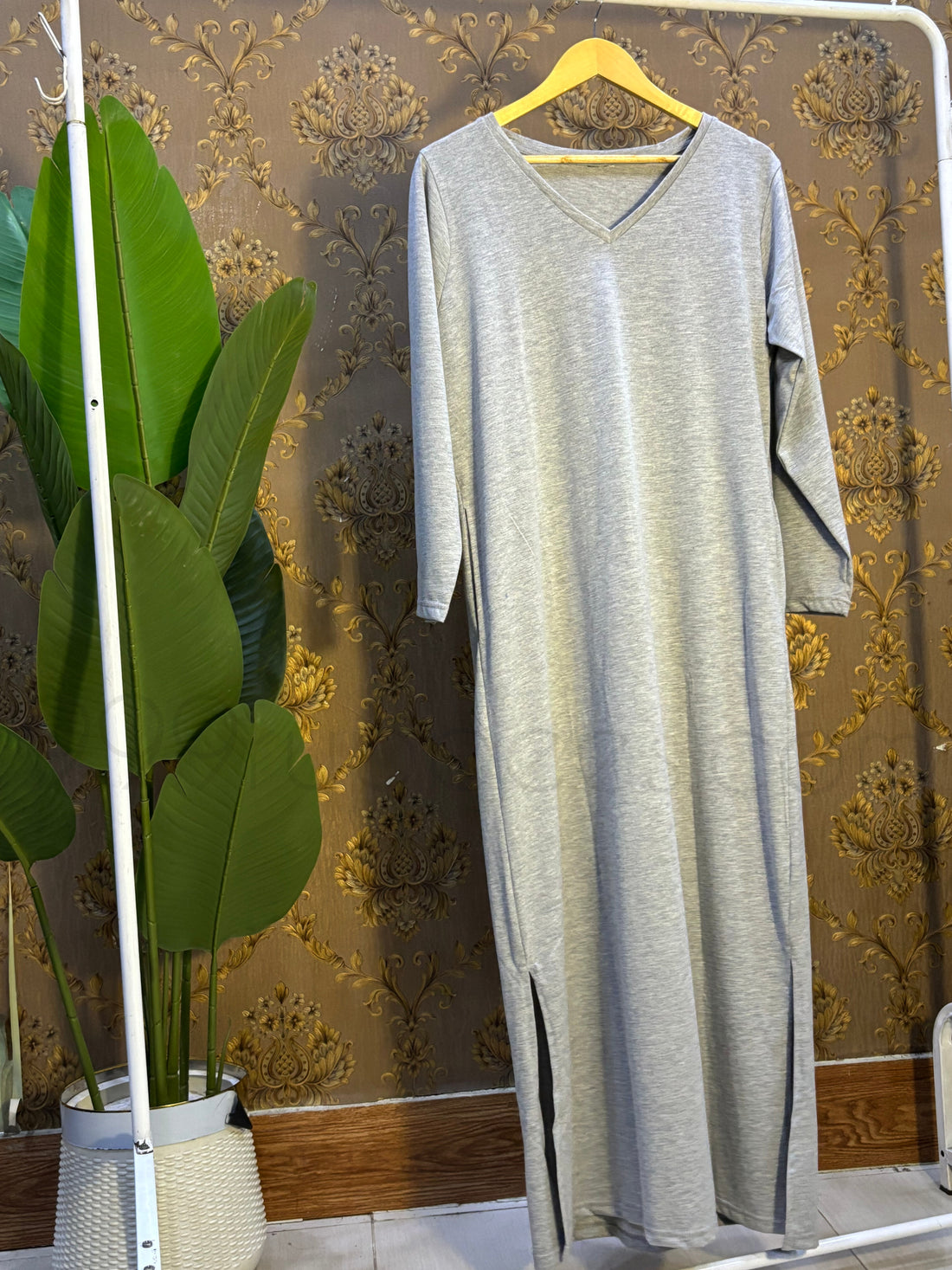 0000                Hazel Grey V-Neck Fluid Long Tees for Woman (Two sides Pockets)