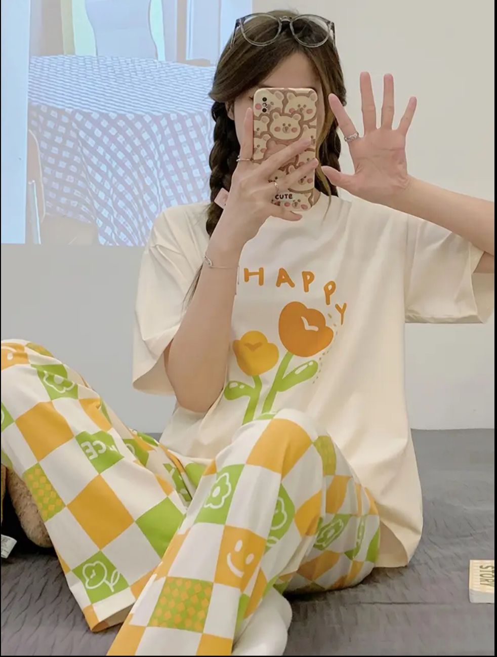 0000   Offwhite Flower Happy  Printed Half Sleeves T-shirt With  Printed Pajama Suit