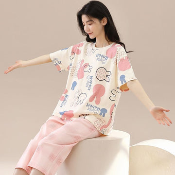 0000   Offwhite Multi Cute Rabbit Printed Half Sleeves T-shirt With Printed Pajama Suit