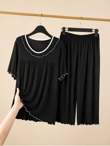 0000                 Black V-Neck Frill Style Half Sleeves T-shirt With Plazzo Style Pajama Suit