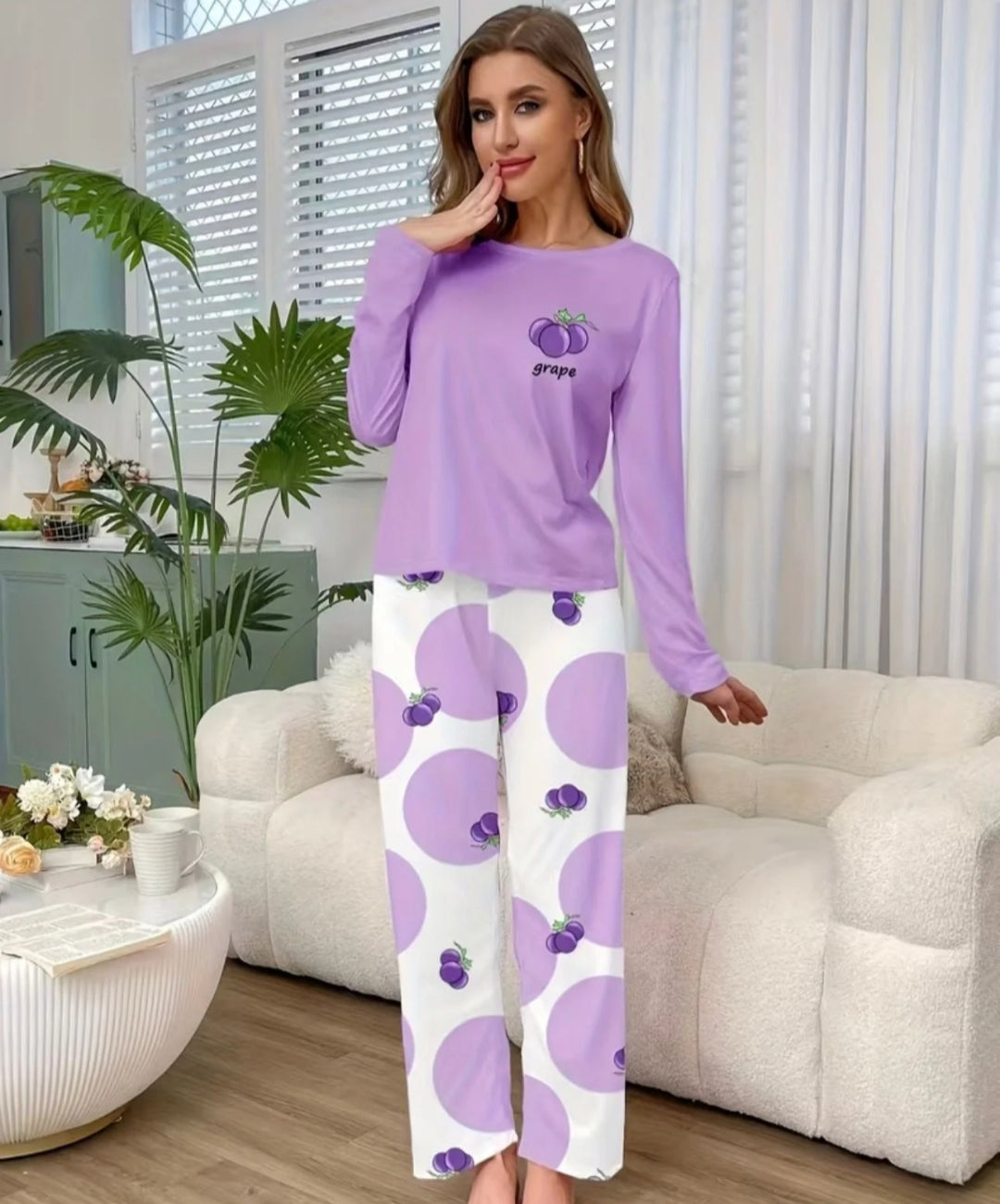 0000   Lilac Grapes Printed Full Sleeves T-shirt With Printed Pajama Suit