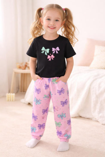0000          Black 3 Bow Printed  Half Sleeves T-shirt with Lilac Bow Digital Printed Pajama Kids Suits