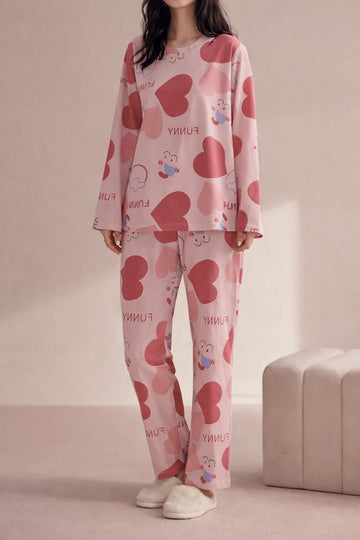 0000   Peach All over Heart  Printed Full Sleeves T-shirt With Heart Printed Pajama Suit