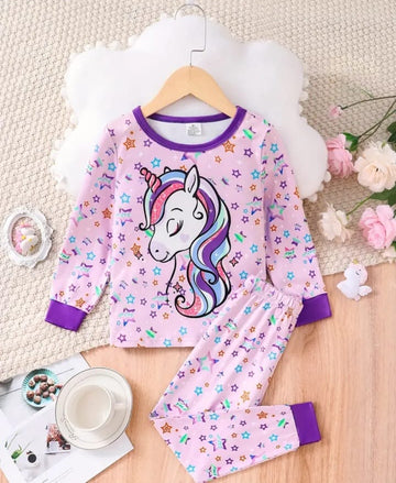 0001 Baby Pink Unicorn Multi Star Printed Full Sleeves T-shirt with Star Printed Pajama Kids Suits (1 Pcs)