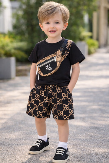 0000        Black Side bag Printed Half Sleeves T-shirt with  Printed Shorts Kids Suits