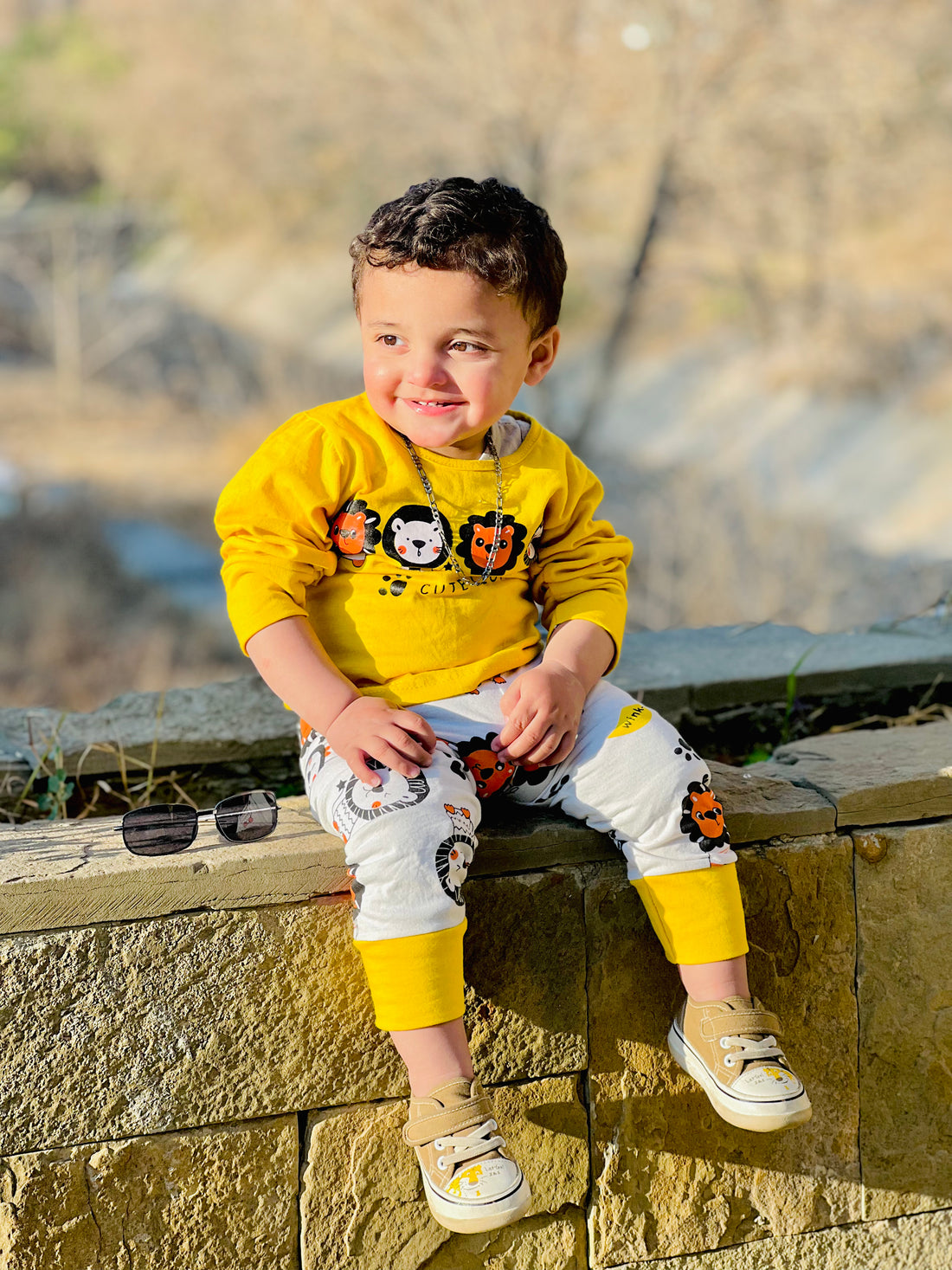 0001 Baba Yellow Lion Printed Full Sleeves T-shirt with OffWhite Lion  Printed Pajama Kids Suits (1 Pcs)