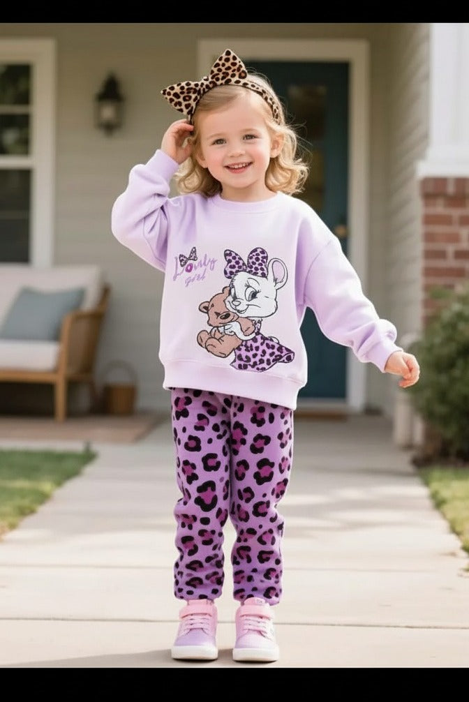 0000  Lilac Kitty Lovely Girl Printed Sweatshirt With Lilac Cheetah Printed Fleece Trouser Tracksuit For Kids