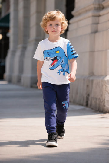 0000      Offwhite Dragon Printed Half Sleeves T-shirt with Blue Printed Pajama Kids Suits