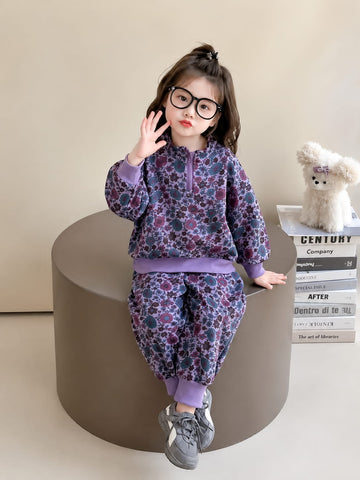 0000          Purple Floral Printed Half Zip Kids Tracksuit