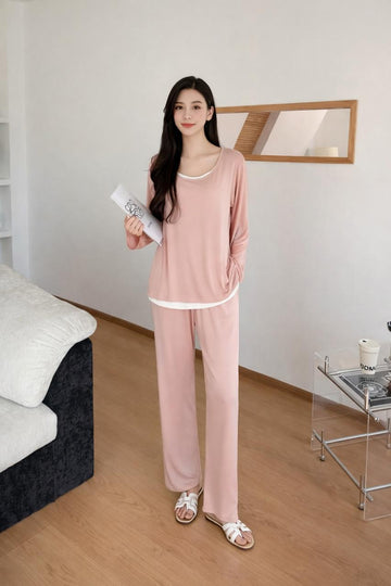 0000 Baby Pink  White Neck Lace Full Sleeves With Matching Pajama night suit For Her