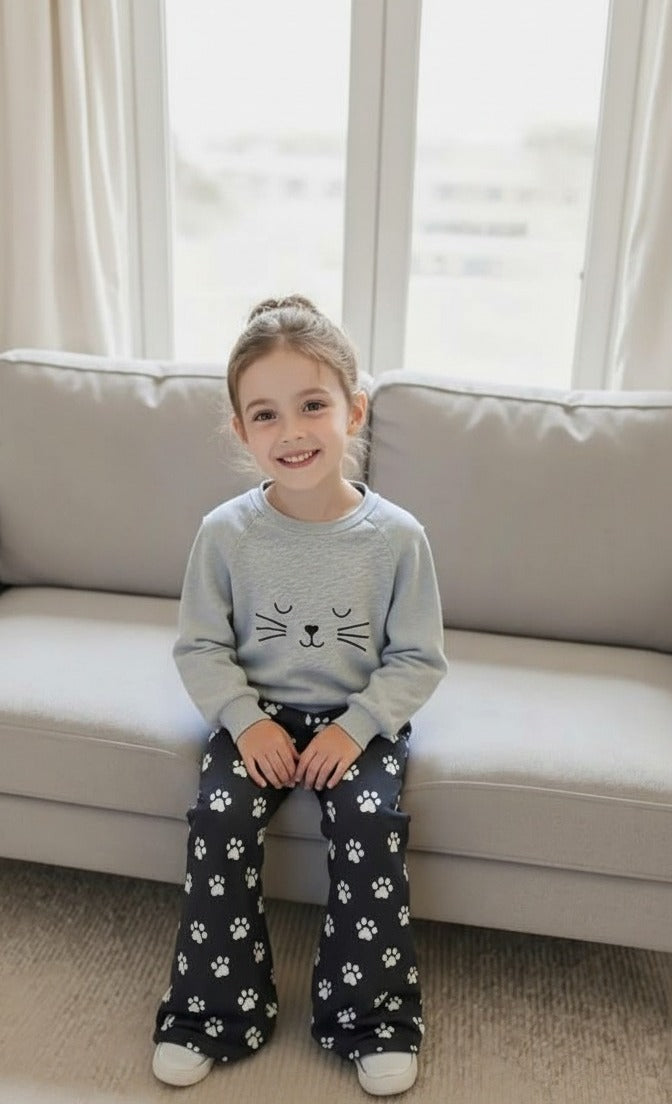 0000  Grey Meow Printed Sweatshirt With Black Cat Foot Printed Fleece Trouser Tracksuit For Kids