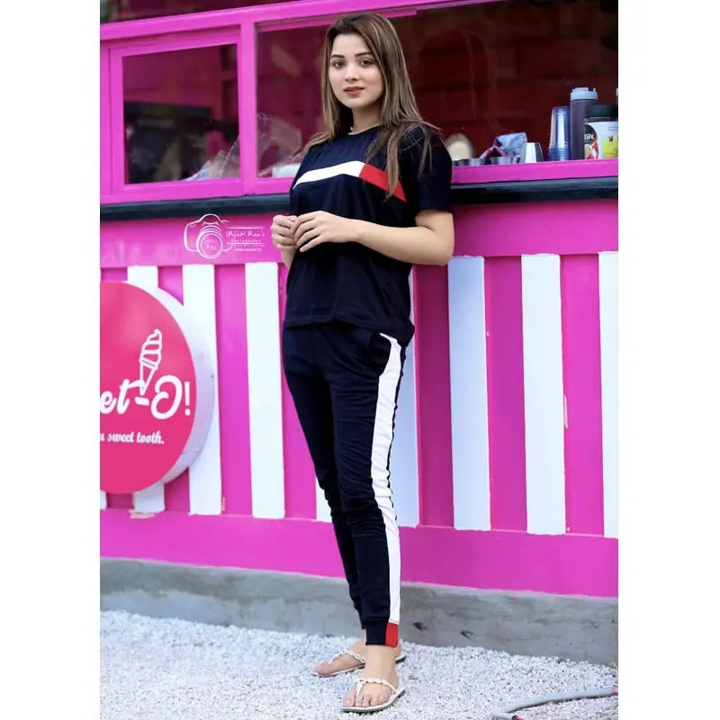 030 Black and White Stylish Printed Half Sleeves T Shirt with Panel Pajama Suit for her