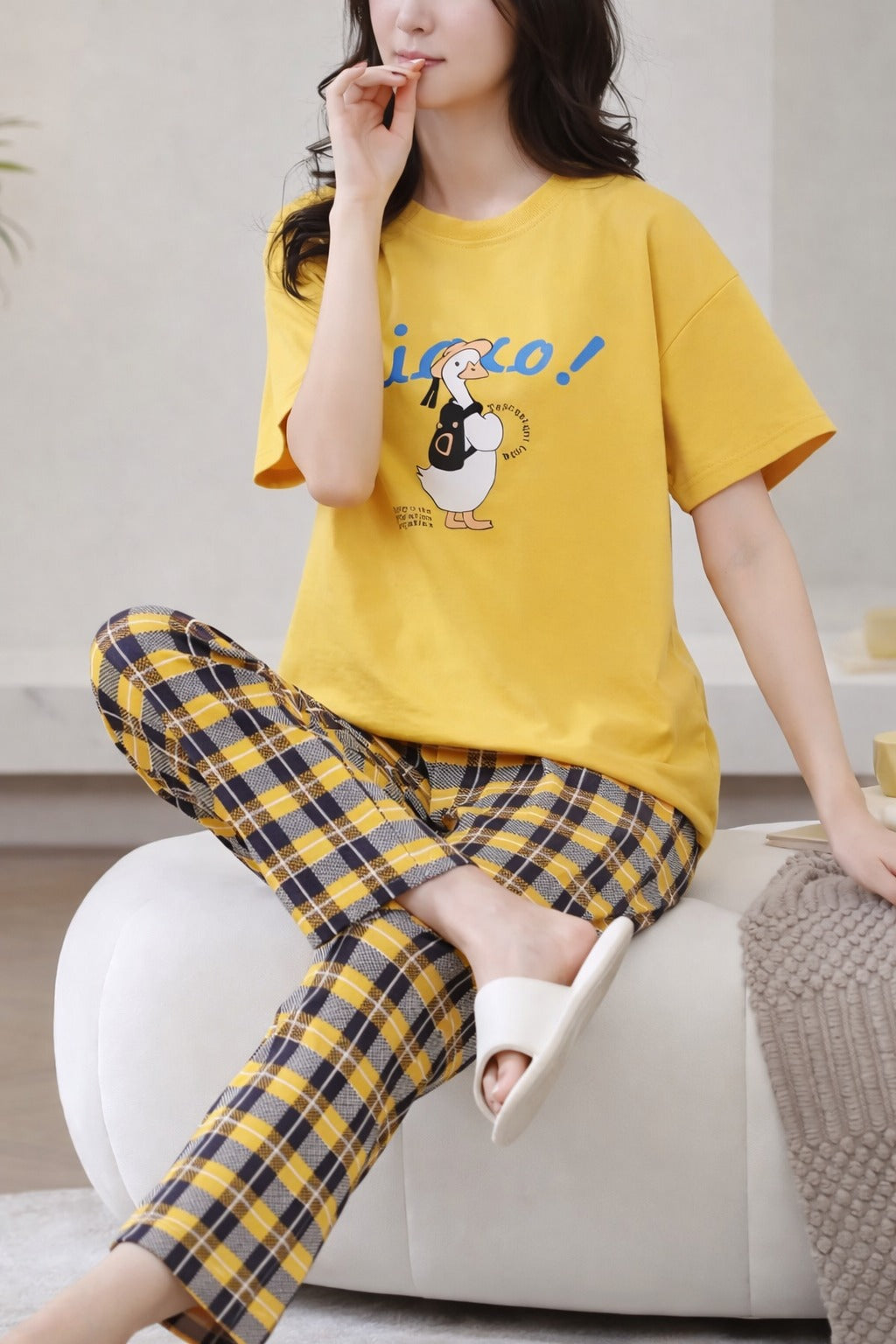 0000   Yellow Circo Duck Printed Half Sleeves T-shirt With check Printed Pajama Suit