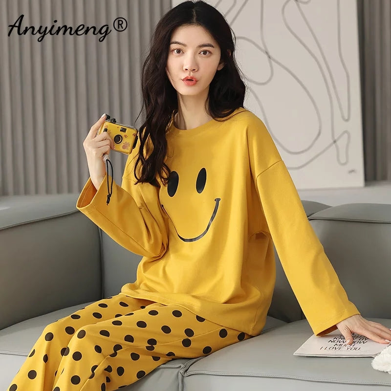Yellow Smile Printed Full Sleeves T-shirt With Polka dot Printed Pajama Suit