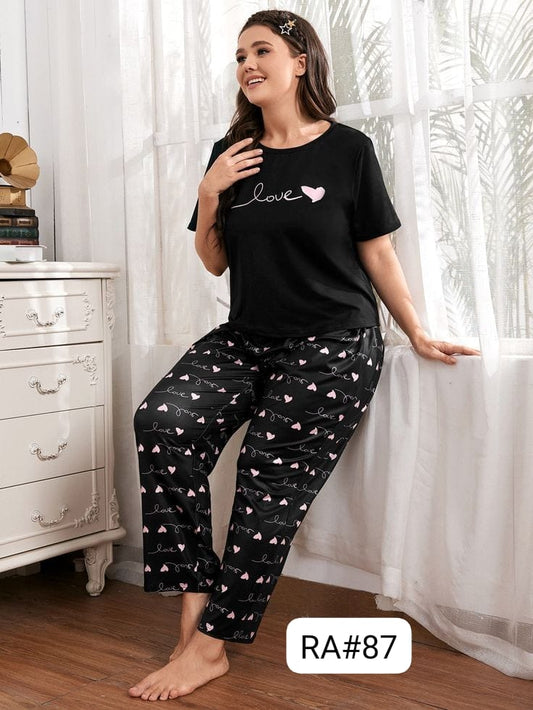 Black Love Printed Half Sleeves T-shirt With Printed Pajama Suit