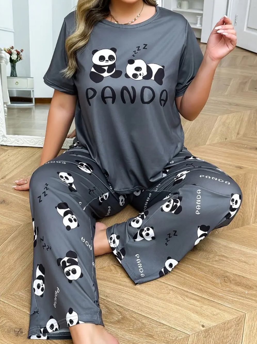 0000   Grey Panda Printed Half Sleeves T-shirt With Panda Printed Pajama Suit