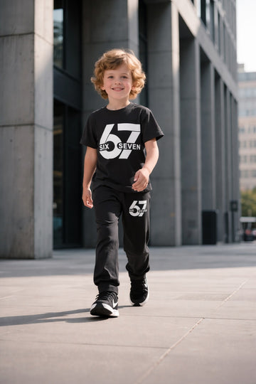 0000    Black 67 Printed Half Sleeves T-shirt with Black Printed Pajama Kids Suits