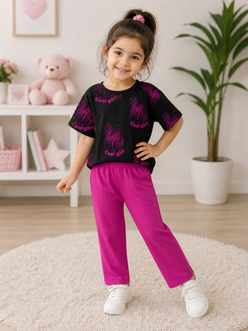 0000           Black Cool Girl Printed Half Sleeves T-shirt with Hot Pink Plain Pajama Kids Suits