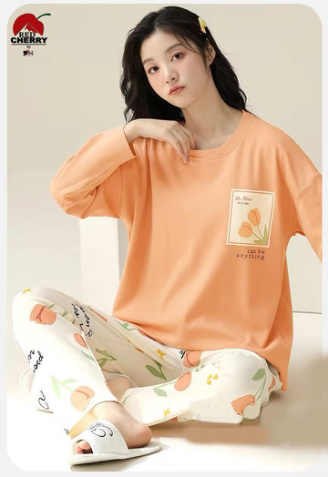 Orange Flower Printed Full Sleeves T-shirt With Floral Printed Pajama Suit