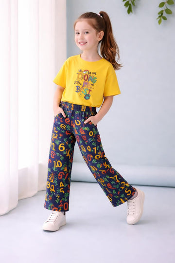 0000          Yellow Doing My Best Printed  Half Sleeves T-shirt with  multi Digital Printed Pajama Kids Suits