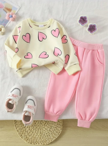 0000  Offwhite Pink Heart Printed Sweatshirt With Plain Fleece Trouser Tracksuit For Kids