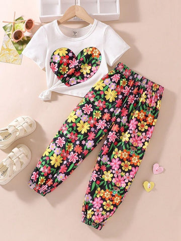 0000            Offwhite Flower Heart Printed Half Sleeves T-shirt with Flower Printed Pajama Kids Suits