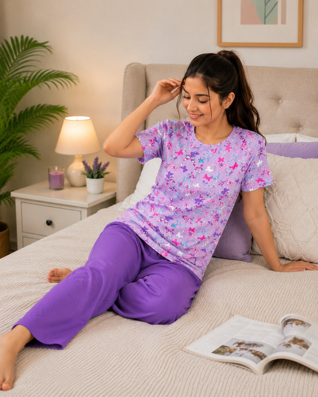 0000                  Lilac All Over Butterfly Digital Printed Half Sleeves T-shirt With Plazzo Pajama Suit