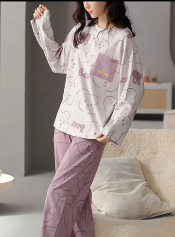 0000  Offwhite All Over Bear Printed Full Sleeves T-shirt With Bear Printed Pajama Suit