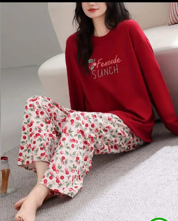 0000      Red Fencede Sunch Printed Full Sleeves T-shirt With Floral Printed Pajama Suit